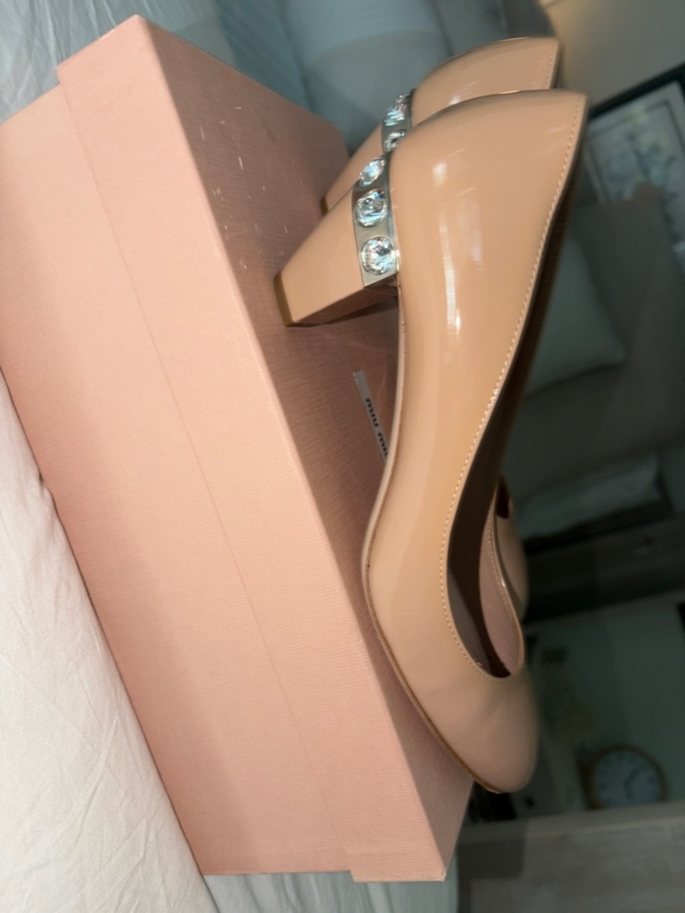 Miu Miu Nude Patent Block Heel Pumps with Crystal Accent Size 38